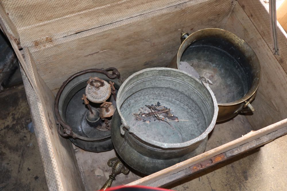 A Victorian pine trunk and a collection of mixed metalware